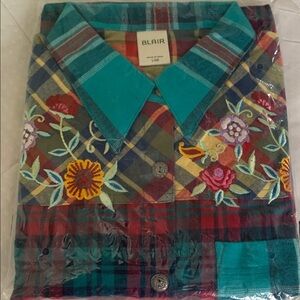 NWT Blair Everglade Women’s Colorful Embroidered Plaid Flannel Shirt Shacket